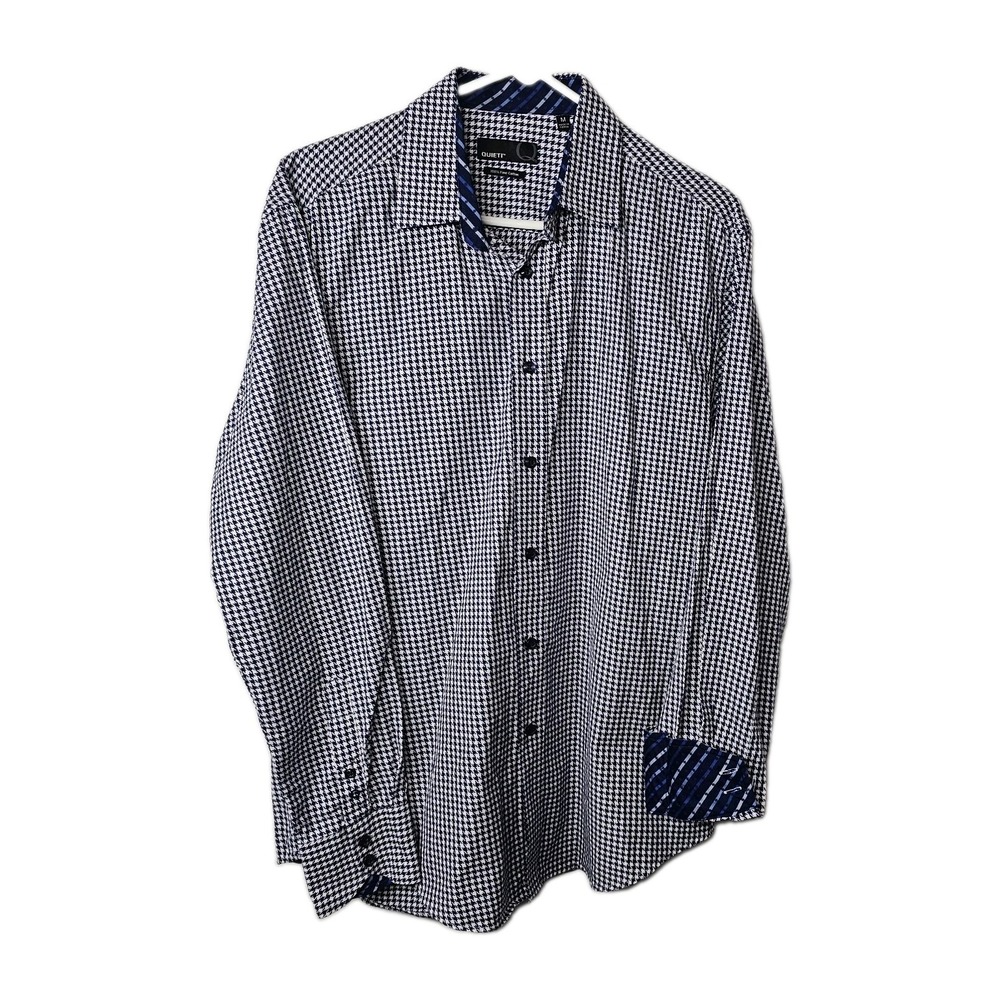 Quieti Shirt Mens Medium Blue Houndstooth Flip Cuff Long Sleeve 100% Cotton EUC